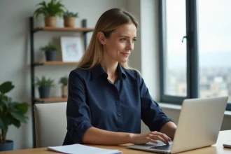 Femme accédant à son espace client LCL sur un ordinateur portable dans un bureau moderne en 2026