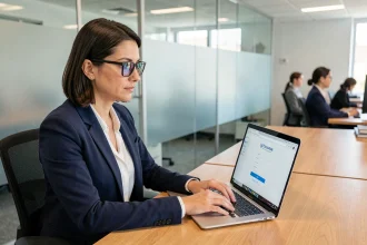 Femme professionnelle accédant à son espace bancaire en ligne Logitelnet Société Générale sur un ordinateur portable au bureau