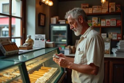 Homme achetant un paquet de cigarettes dans une tabaccheria italienne authentique avec affichage des prix