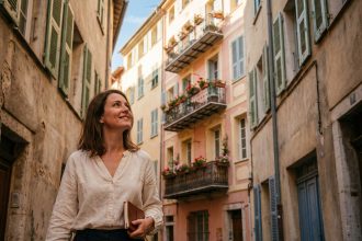 Femme consultant un carnet devant un immeuble aux façades pastel dans le Vieux-Nice, idéal pour illustrer l'achat d'un pied-à-terre à Nice
