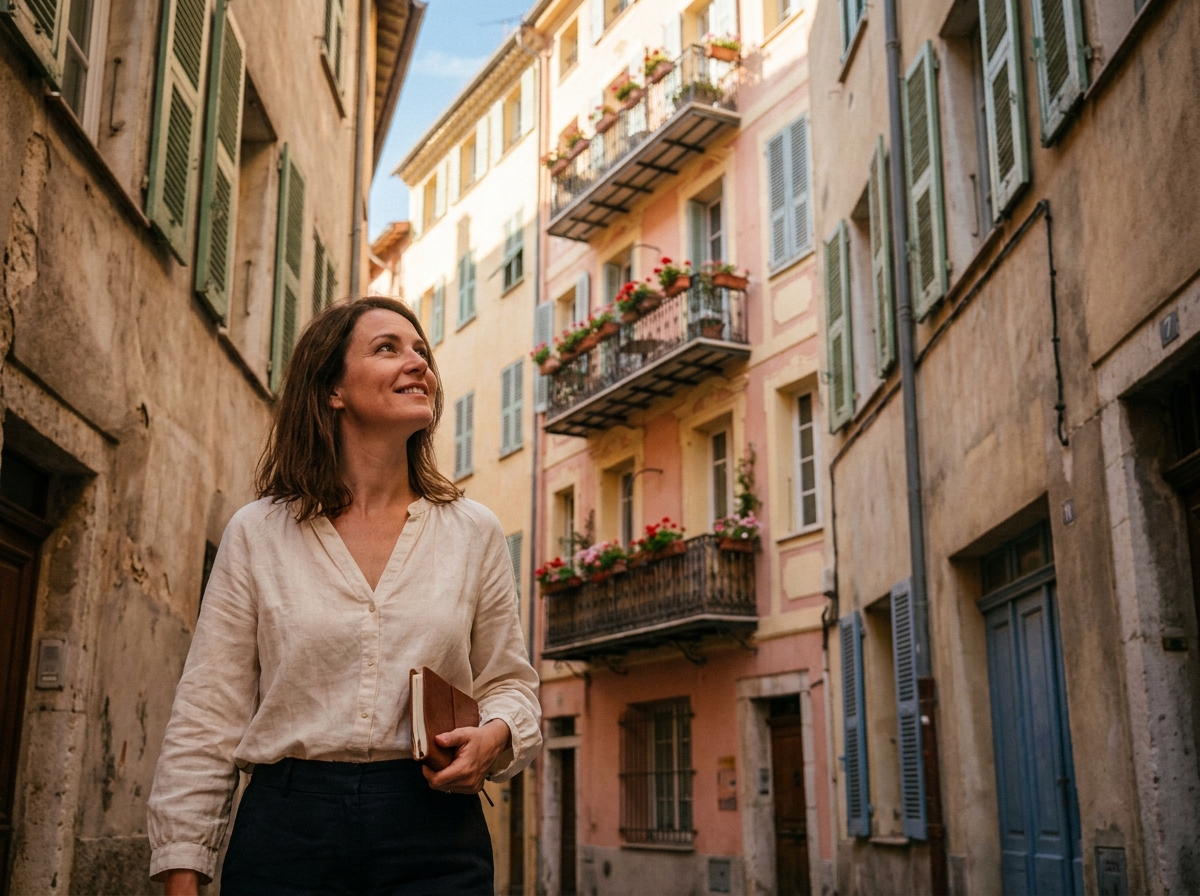 Femme consultant un carnet devant un immeuble aux façades pastel dans le Vieux-Nice, idéal pour illustrer l'achat d'un pied-à-terre à Nice