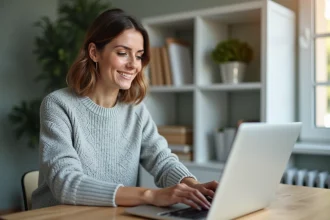 Femme activant son identifiant La Poste Banque sur un ordinateur portable dans un bureau à domicile