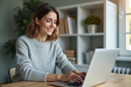 Femme activant son identifiant La Poste Banque sur un ordinateur portable dans un bureau à domicile
