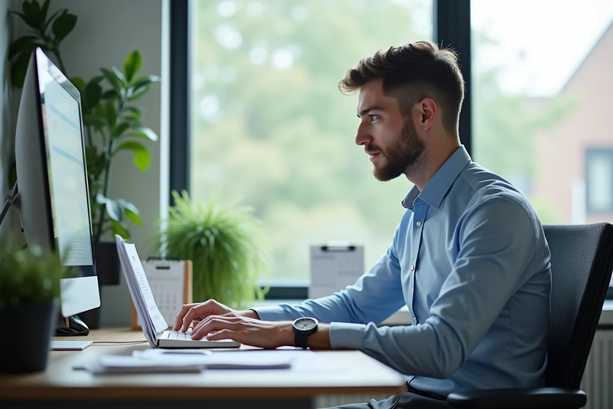 Jeune homme administratif saisissant des données au bureau