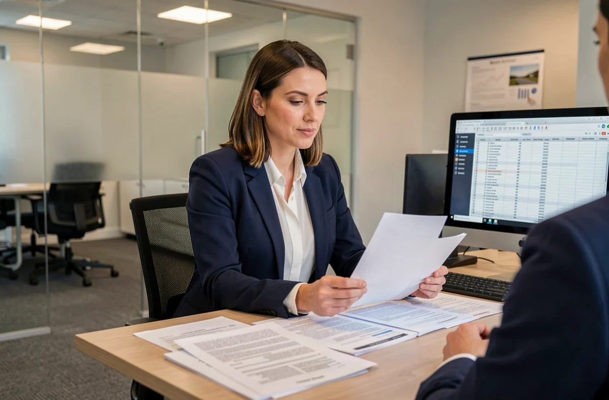 Agent d'assurance analysant un dossier de loyer impayé avec des documents sur son bureau