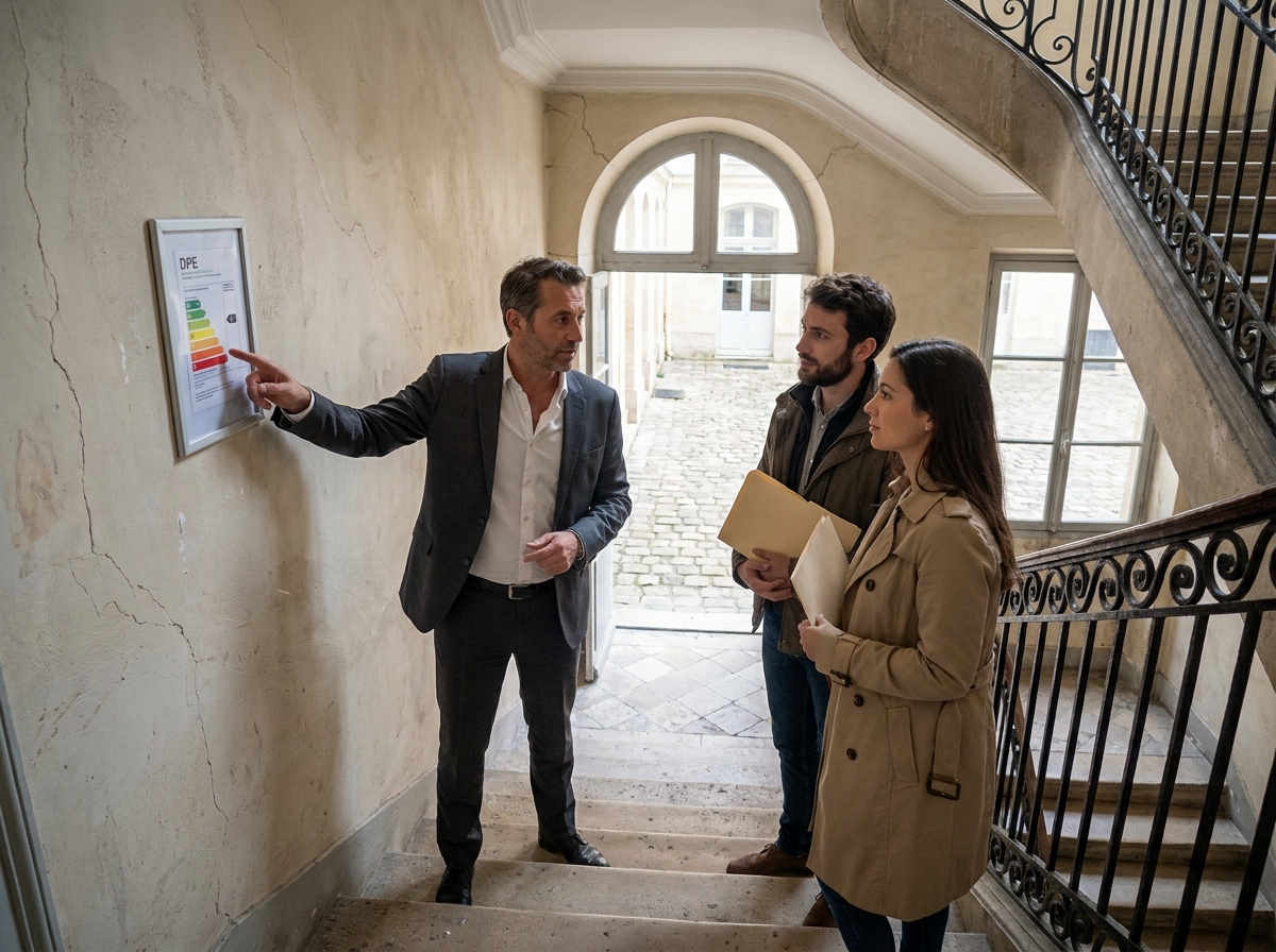 Agent immobilier présentant un diagnostic de performance énergétique DPE à un couple dans un escalier haussmannien parisien