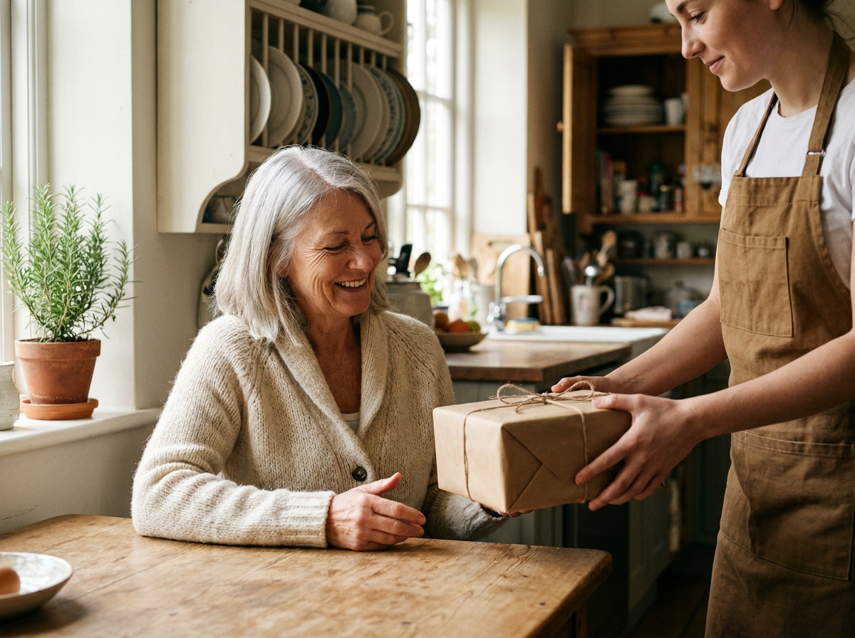 Une aide à domicile offre un cadeau emballé à une femme âgée souriante dans une cuisine chaleureuse