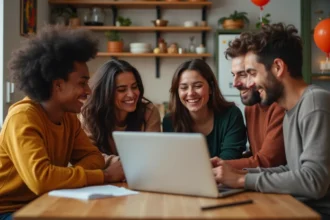 Groupe d'amis autour d'une table cuisine pour un pool d'argent