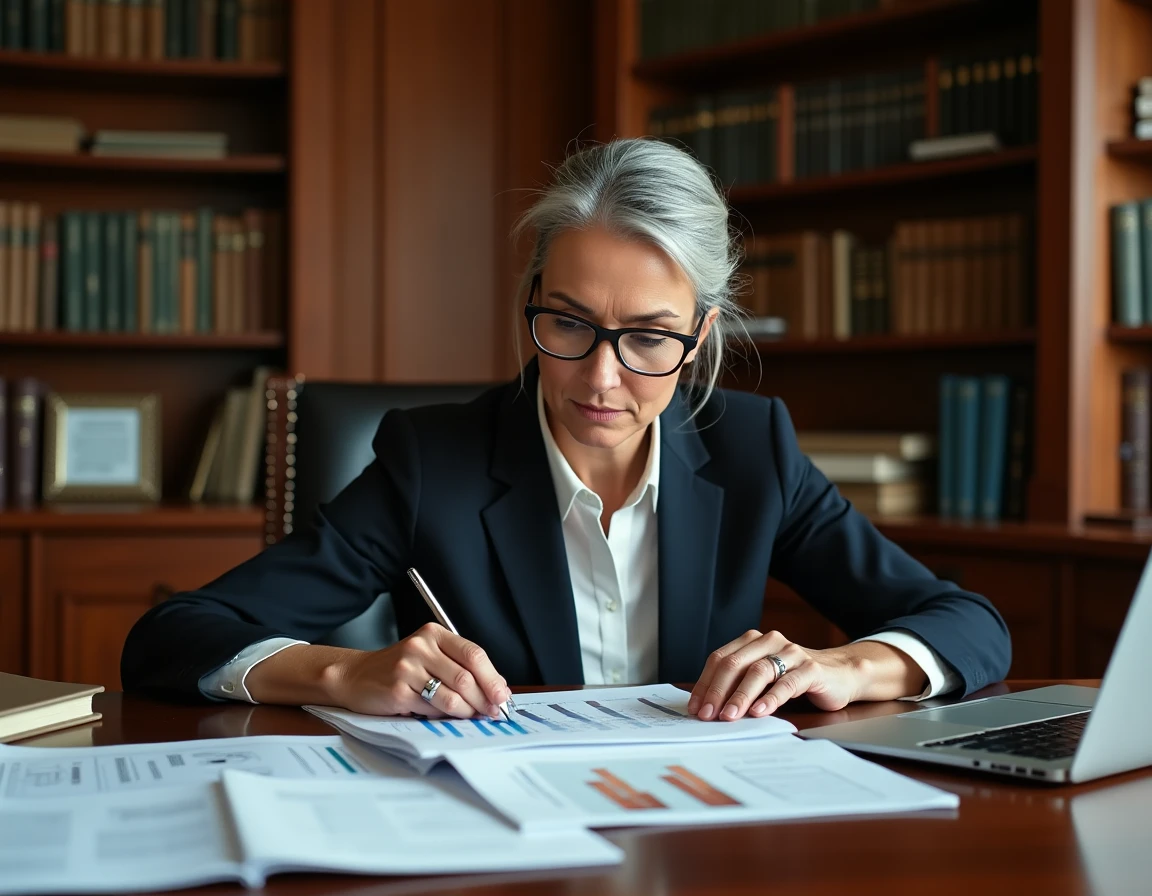 Femme d'affaires analysant des rapports financiers et dividendes dans un bureau privé en bois au style classique