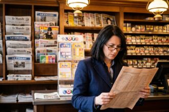 Femme entrepreneur analysant les documents financiers d'un fonds de commerce tabac-presse avant acquisition