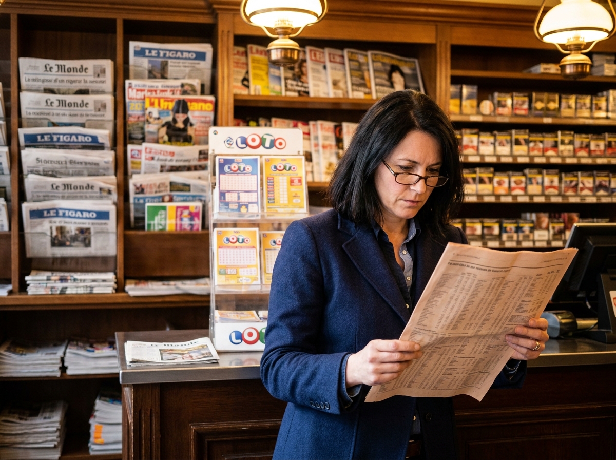 Femme entrepreneur analysant les documents financiers d'un fonds de commerce tabac-presse avant acquisition