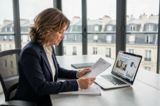 Femme cadre analysant les performances d'une SCPI comme Euodia dans un bureau parisien moderne