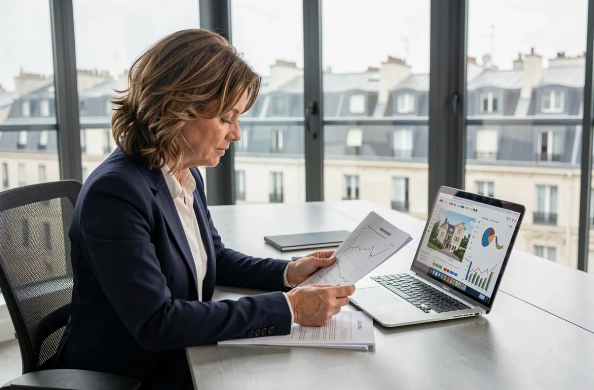 Femme cadre analysant les performances d'une SCPI comme Euodia dans un bureau parisien moderne