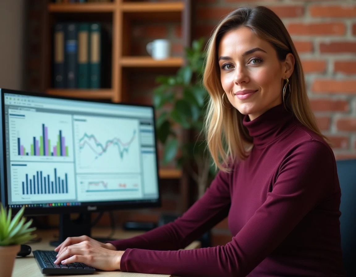 Analyste en assurances travaillant sur un double écran dans un bureau à domicile professionnel