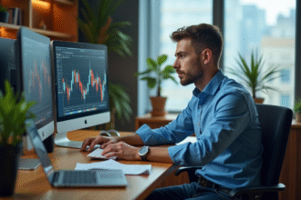 Jeune homme analysant des graphiques de cryptomonnaies au bureau