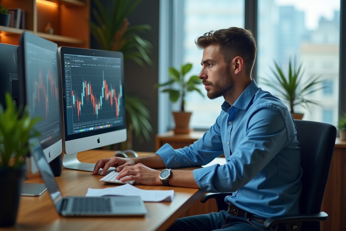 Jeune homme analysant des graphiques de cryptomonnaies au bureau