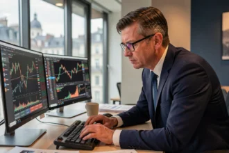 Analyste financier en costume marine étudiant des graphiques de turbos en bourse sur plusieurs écrans dans un bureau d'investissement moderne