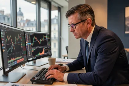Analyste financier en costume marine étudiant des graphiques de turbos en bourse sur plusieurs écrans dans un bureau d'investissement moderne