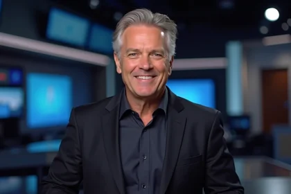 Animateur de télévision dans un studio professionnel, illustrant le salaire et le statut d'une star de la TV française