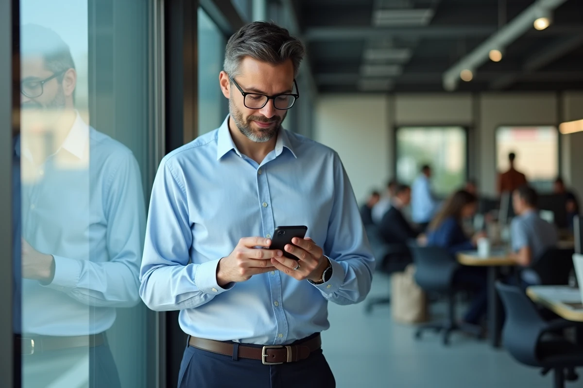 Homme consultant l'application mobile Ma Banque sur son smartphone dans un environnement de bureau professionnel
