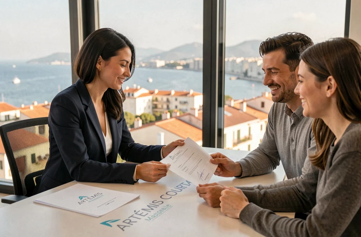 Conseillère Artémis Courtage Marseille finalisant un accord de prêt immobilier avec ses clients face à la vue sur le littoral marseillais