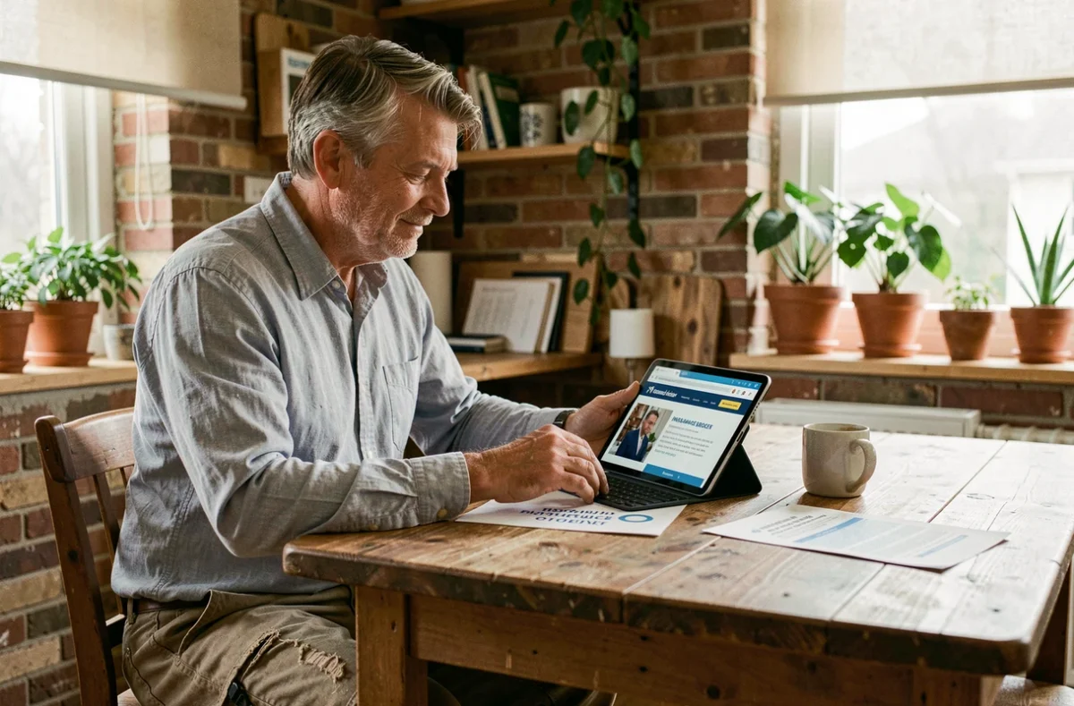Artisan indépendant recherchant une assurance responsabilité civile professionnelle sur tablette depuis son bureau à domicile