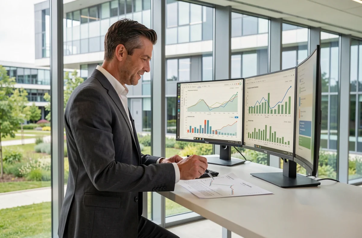 Conseiller financier indépendant d'Axens Patrimoine analysant des données dans un bureau moderne au cœur de Sophia Antipolis