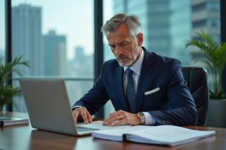 Manager de banque en costume dans un bureau moderne