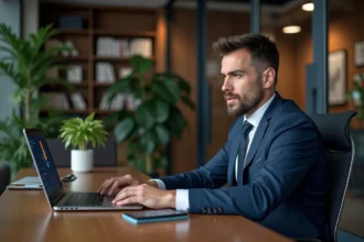 Banquier en costume bleu examinant un Bitcoin sur son ordinateur