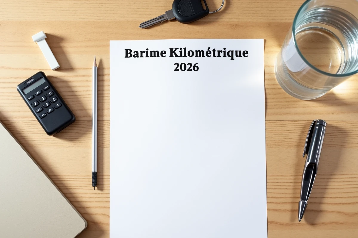 Barème kilométrique 2026 imprimé sur un bureau avec calculatrice et clés de voiture pour calculer les indemnités