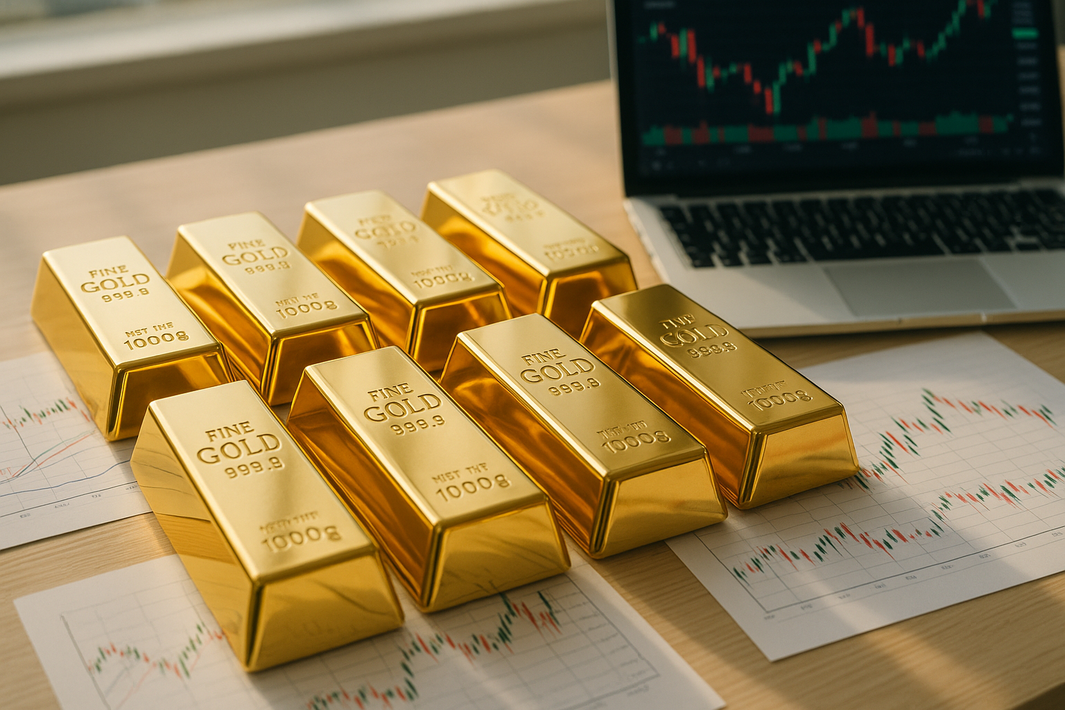 Barres d or sur surface en bois avec graphiques financiers