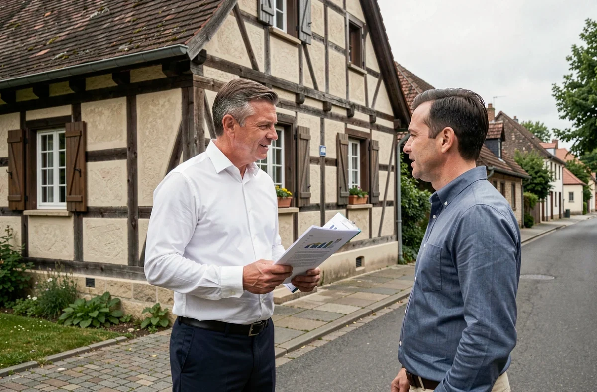 Spécialiste BIAS Immobilier devant une propriété normande typique pour un conseil en investissement locatif