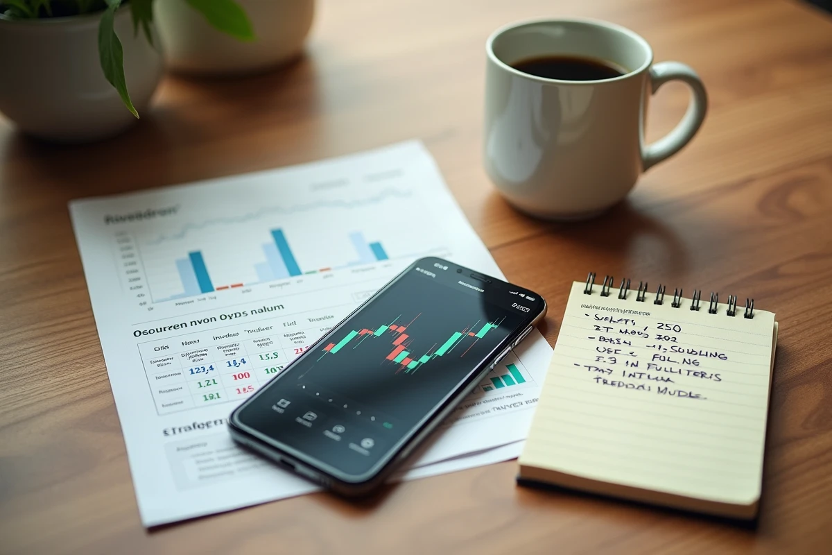 Vue de dessus d'un bureau avec smartphone affichant des cours boursiers d'Orange, notes manuscrites et pages de forum d'investisseurs pour stratégie court terme