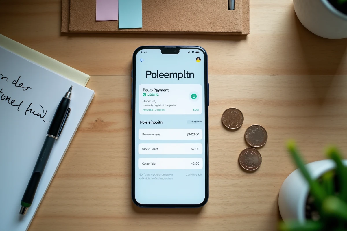 Vue du dessus d'un bureau avec smartphone affichant le statut de paiement Pôle emploi, notepad et pièces en euros