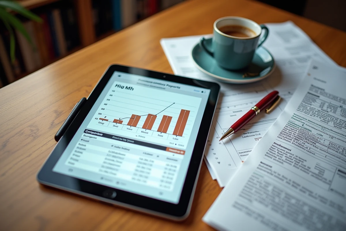 Vue aérienne d'un bureau avec rapports financiers et tablette affichant une comparaison de performance d'actions EPA AIR sur 5 ans