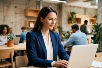 Cadre féminin en portage salarial travaillant dans un espace de co-working moderne en 2026