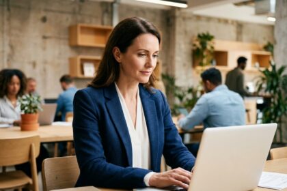 Cadre féminin en portage salarial travaillant dans un espace de co-working moderne en 2026