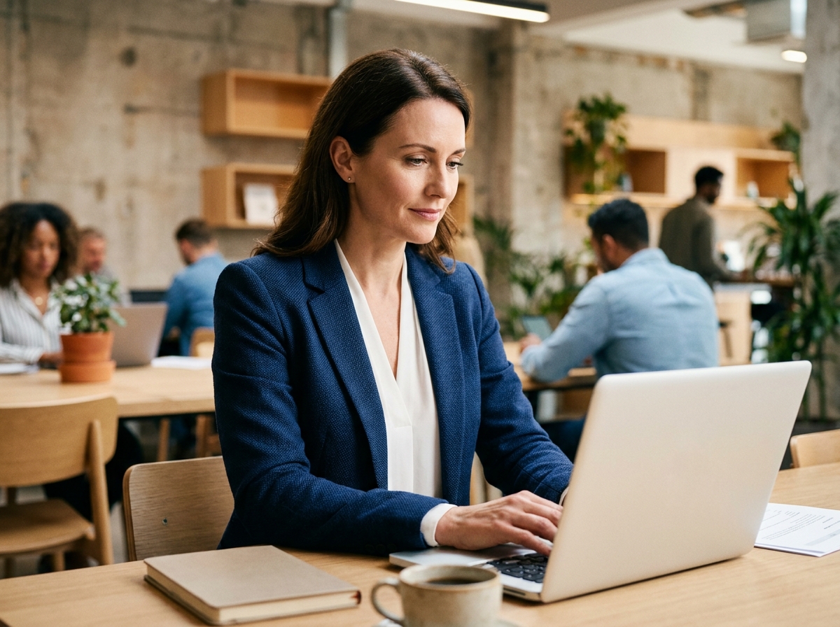 Cadre féminin en portage salarial travaillant dans un espace de co-working moderne en 2026