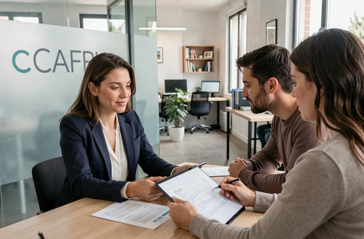 Conseillère CAFPI aidant un couple à finaliser leur dossier de crédit immobilier dans une agence moderne