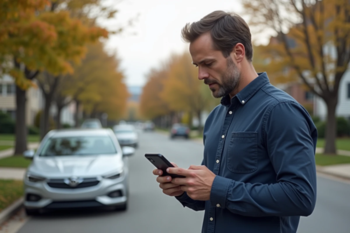 Homme calculant ses indemnités kilométriques sur smartphone à côté de sa voiture professionnelle