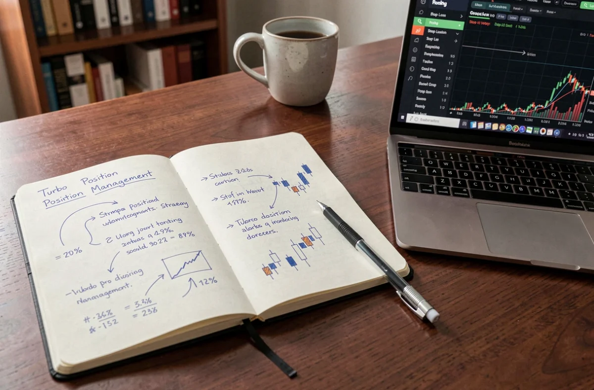 Carnet de planification financière annoté à la main avec stratégie de gestion de turbo en bourse à côté d'un ordinateur portable affichant une plateforme de courtage