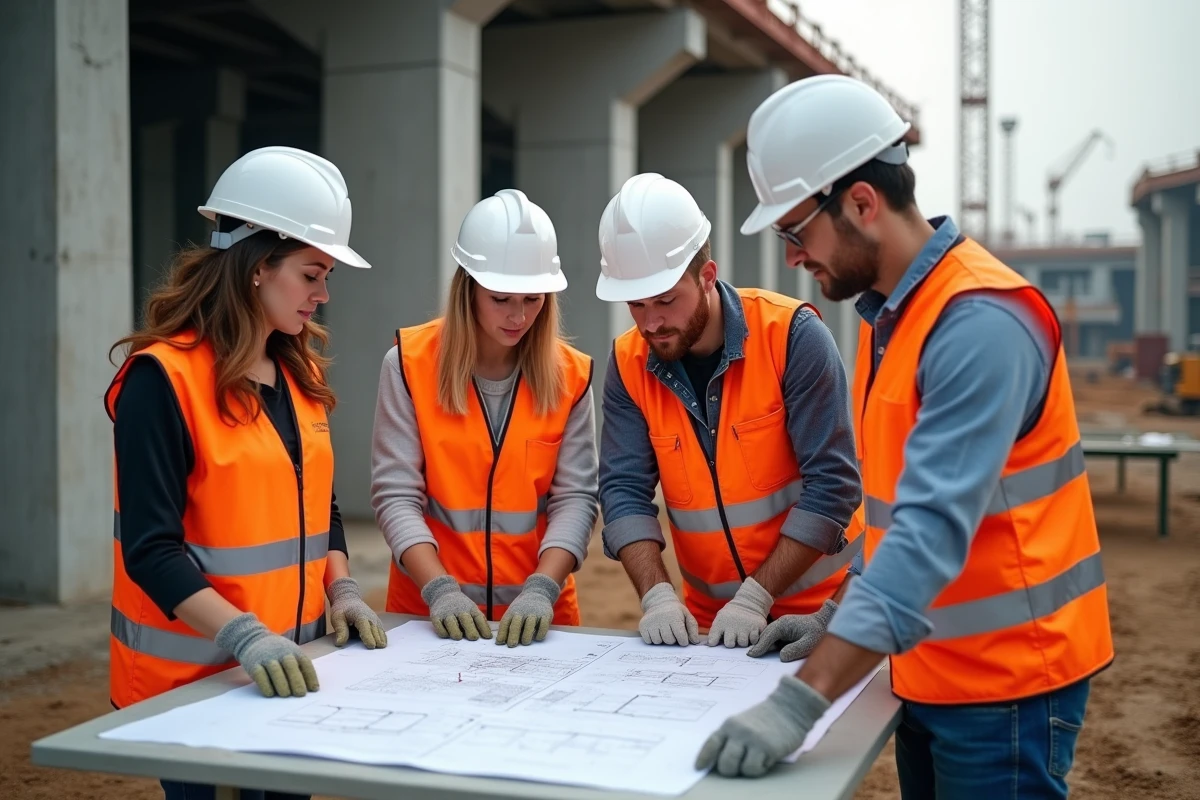 Travailleurs de la construction examinant des plans sur un chantier d'infrastructure financé par l'État, illustrant la relance keynésienne par la dépense publique