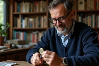 Homme d'âge moyen examinant une pièce de 2 euros dans un bureau cosy