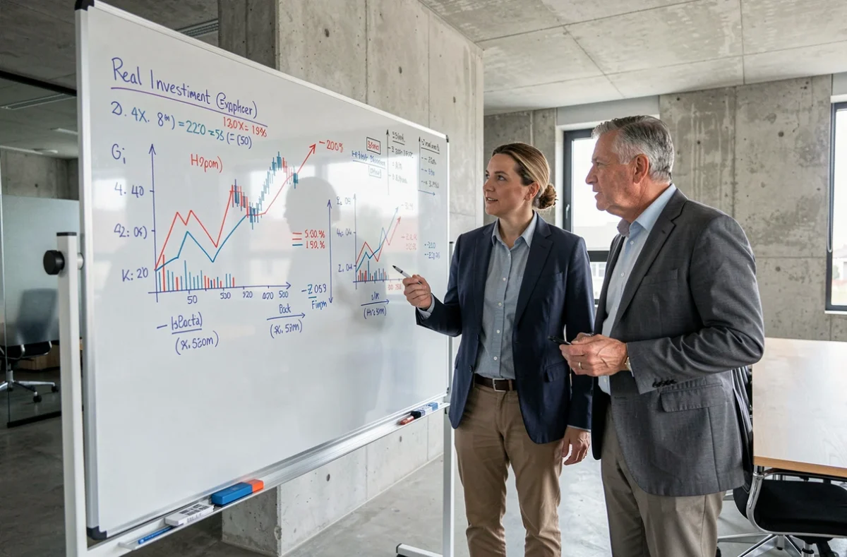 Deux collègues discutant des seuils d'investissement minimum en SCPI devant un tableau financier en salle de réunion