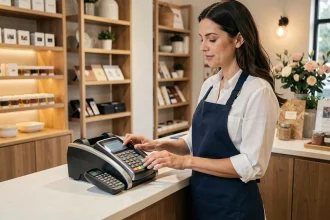 Commerçante utilisant un distributeur billet calculatrice en ligne derrière son comptoir de boutique