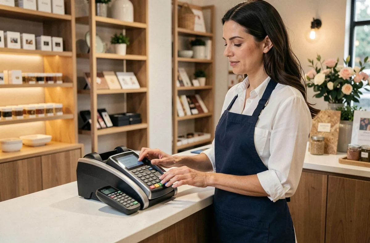Commerçante utilisant un distributeur billet calculatrice en ligne derrière son comptoir de boutique