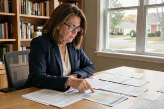 Femme comparant des documents d'assurance emprunteur à son bureau à domicile