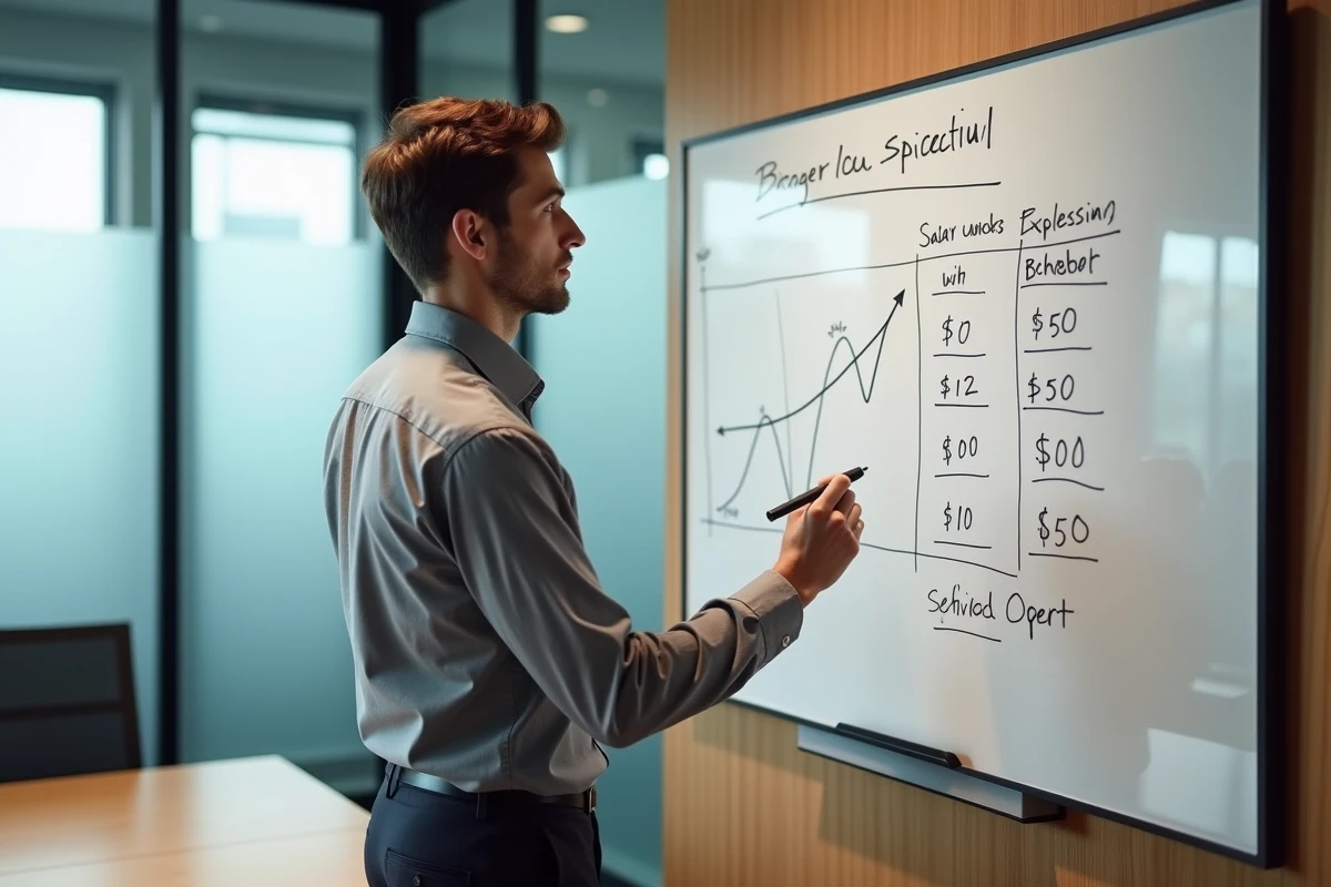 Jeune homme comparant des grilles salariales suisses sur un tableau blanc lors d'une réunion de planification de carrière