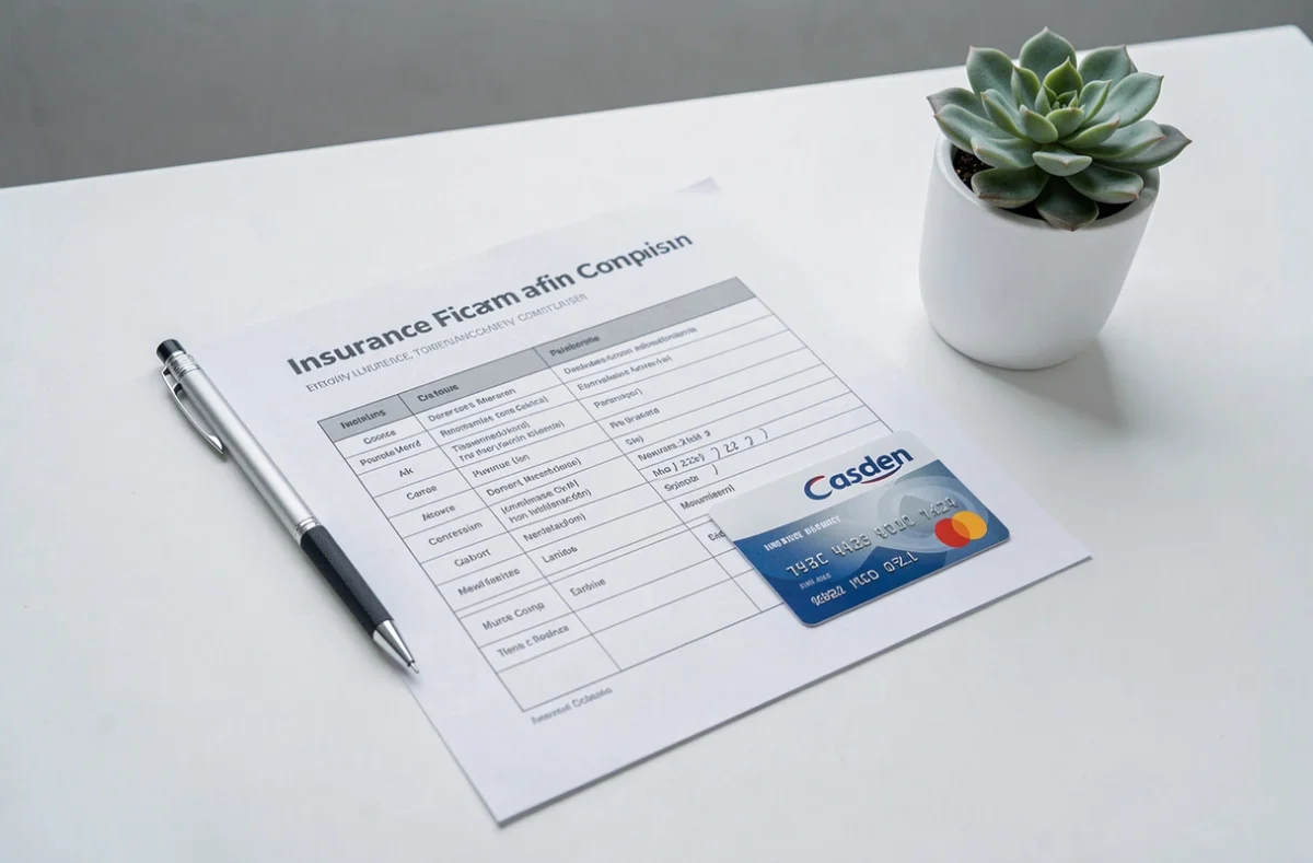 Tableau comparatif d'assurance emprunteur et carte Casden posés sur un bureau minimaliste