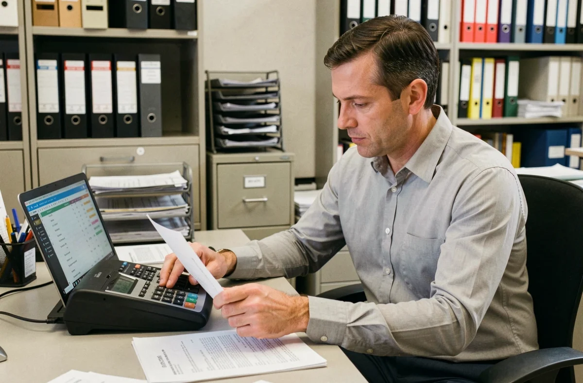 Comptable en entreprise utilisant un distributeur billet calculatrice en ligne connecté à un ordinateur pour gérer les finances du commerce